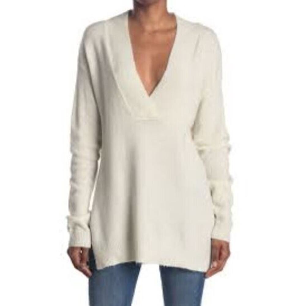 RDI Women's Deep Plunge V-Neck Side‎ Slit Tunic Sweater In Pearl Essence Xsmall